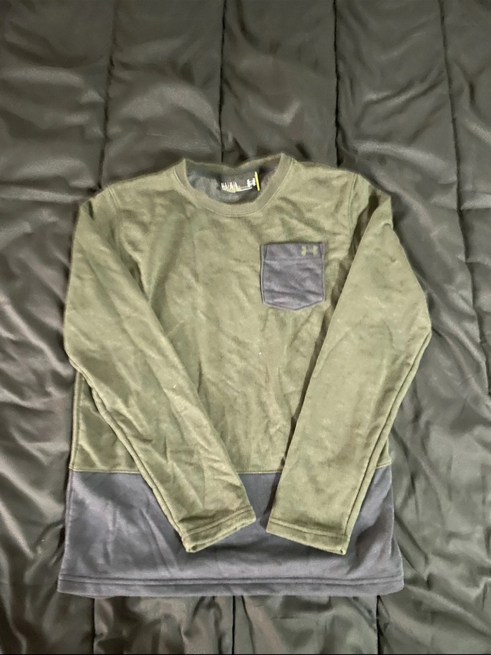 VTG Under Armour Youth Large Fleece Pullover Crewneck Olive Green Colorblock YL